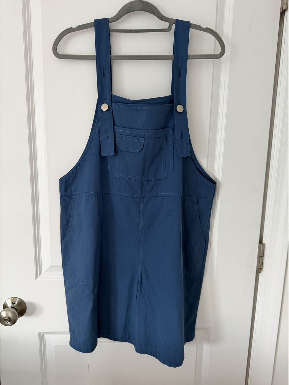 Blue Cotton Adjustable Strap Overall Dress with Front Pocket